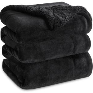Bedsure Sherpa Fleece Blankets Queen Size for Bed - Thick and Warm, Soft Fuzzy Plush Queen Blanket for Winter, Black, 90x90 Inches (Queen (90" x 90"), 02 - Black)