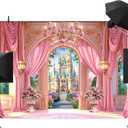 Newsely Princess Castle Garden Backdrop 8Wx6H Photography Pink Palace Curtain Crystal Floral Green Plants Cloud Lamp Sky Cute Background Girly Party Decorations Banner Photo Booth Props Supplies