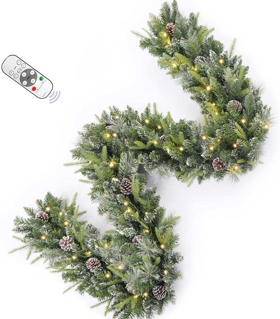 9FT Prelit Christmas Garland Decorations Snow with Dual Color LED Lights and Timer by Remote Control and Battery Operated, Home Mantle Stairs Railing Fireplace Outdoor Indoor Wall