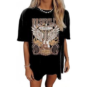 Oversized Country Music T-Shirt Women Crew Neck Summer Short Sleeve Oversized Rock Band Tee Tops, Small