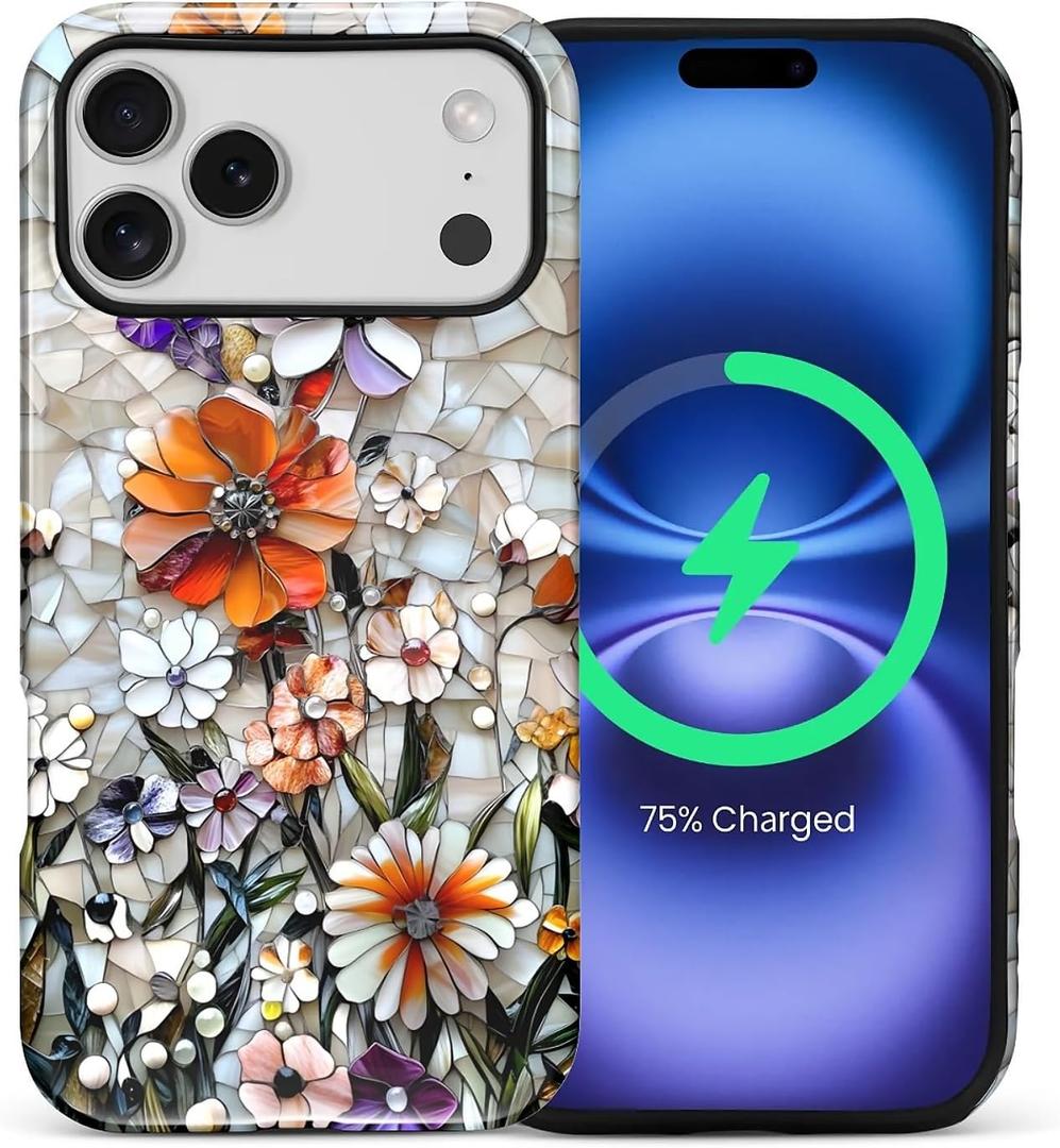 for iPhone 17 Pro Max Case,Compatible with MagSafe,Dual-Layer Hard Shell + Silicone Cover,Full Body Protection Shockproof Case for iPhone 17 Pro Max-Vintage Mosaic Pressed Flowers