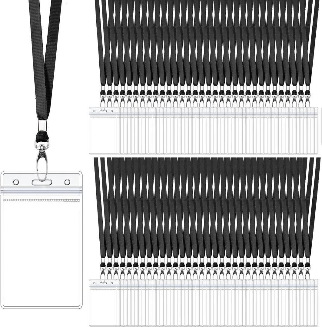 Fumete 100 Sets Name Tag Lanyards with ID Badge Holder Durable Clear Cruise Teacher Lanyards with Plastic Waterproof ID Badge Holders Bulk for Adults Teacher School Office Ship Cards(Black)