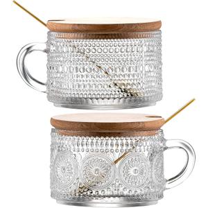 Gezzeny Vintage Glass Coffee Mugs with Wooden Lids 14 Oz Set of 2 Embossed Tea Cups for Cappuccino, Latte, Cereal, Beverage Christmas Thanksgiving Day Gifts