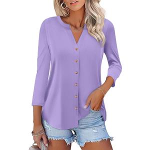 ORANDESIGNE Women's Button Down T Shirts 3/4 Sleeve V Neck Tops Casual Summer Ladies Tees (Purple) XXL