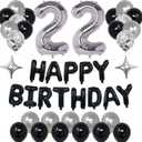 22nd Black Silver Birthday Party Decorations for Men Women, Happy 22 Birthday Party Supplies with Black Happy Birthday Banner,22 Number Balloons, Silver Foil Stars, Happy Birthday Balloons for 22nd Birthday