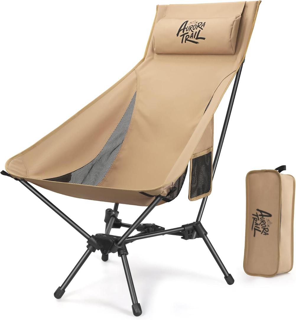AuroraTrail High Back Folding Camping Chair with Pillow  Lightweight Portable Outdoor Chair with Cup Holder & Carry Bag, Sturdy Aluminum Frame Supports up to 374 lb for Camping, Hiking & Festivals (Khaki)