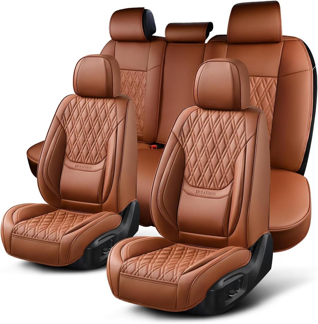 Car Seat Covers Full Set, Breathable Leather Automotive Front and Rear Seat Covers, Car Seat Protectors Full Set,Universal Automotive Vehicle Seat Cover for Most Sedan SUV Pick-up Trucks, Brown