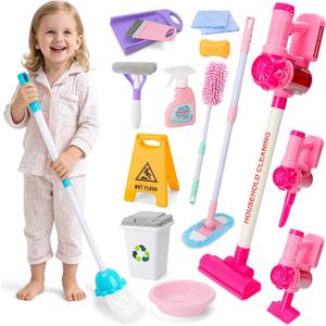 deAO Kids Cleaning Toy Set 15 Pcs Detachable Housekeeping Playset with Kids Vacuum Mop Broom Washbasin Pretend Play Cleaning Toys Birthday Gift for Girls Boys Age 3-6