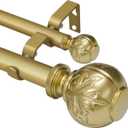 Heavy Duty Adjustable Double Curtain Rod for Windows 28 to 48 Inches 1 Inch Diameter Decorative Rods with Maple leaf Finials & Sturdy Brackets for Living Room, Bedroom Easy to Install, Warm Gold