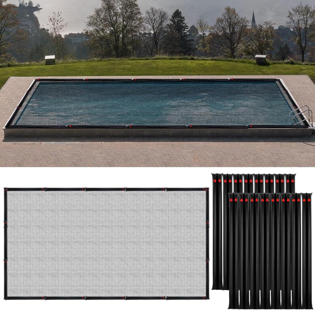 20 x 40 ft Pool Leaf Net Cover Thicken Rectangle Swimming Pool Cover with 16 Pcs Water Tubes Fine Mesh Inground Pool Net Cover for Inground or Above Ground Pools Catching Leaves Debris