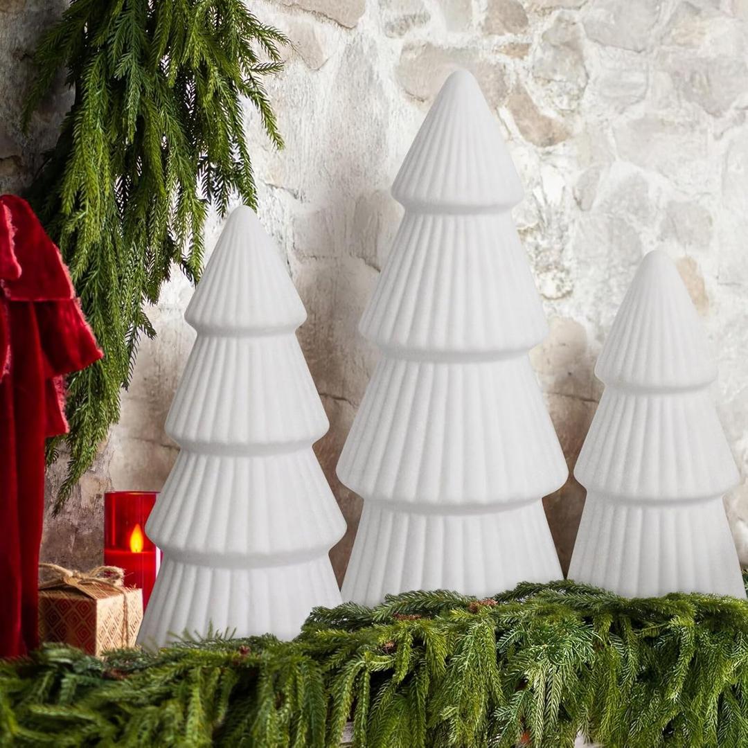 Christmas Decorations - Set of 3 Velvet Ceramic Christmas Trees - Modern Cone Indoor Christmas Decoration Centerpieces for Table Mantel and Living Room Home Decor (White)