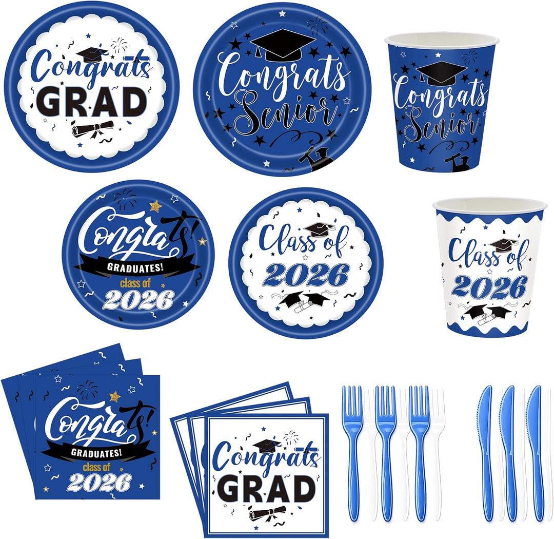 2 x 144pcs Blue Graduation Party Supplies for 24, Blue Graduation Decorations 2026 with 9 Inch Graduation Plates, 7 Inch Dessert Plates, Napkins, Paper Cups, Forks and Knives