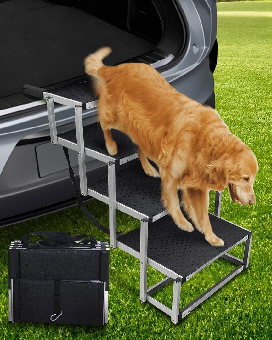 Foldable Dog Car Ramp for Large Dogs, 4 Steps Portable Large Dog Steps for Car Truck SUV High Bed, Aluminum Dog Stairs with Non-Slip Surface, Outdoor Dog Ramp Stairs for Dogs Max Up to 200lbs