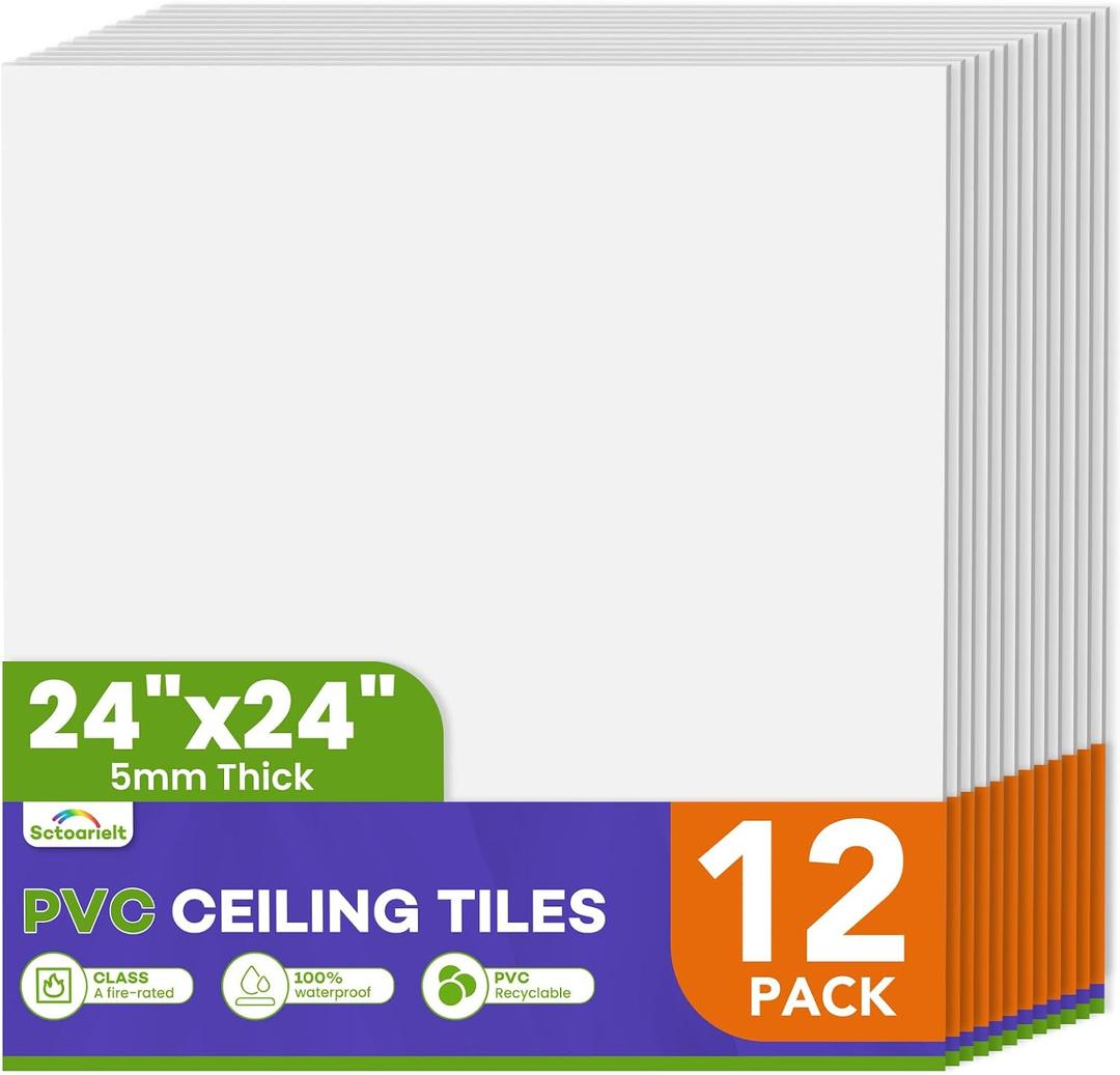 12 PCS 2 ft x 2 ft PVC Drop Ceiling Tiles, Waterproof Smooth Ceiling Panels, 12P- 24in*24in