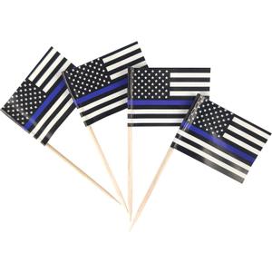 5 x QQSD Thin Blue Line American Police Toothpick Flag Small Mini Cupcake Topper Flags, 100 pcs