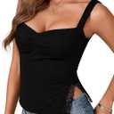 Vrtige Women's Sexy Sweetheart Neck Lace Crop Tank Top Pleated Sleeveless Going Out Tops Y2K Fashion Slit Cami (Black, S)