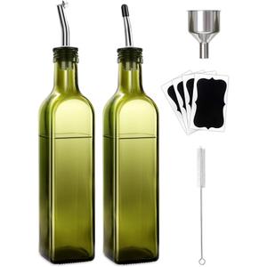 2 Pcs Green Glass Olive Oil Dispenser and Vinegar Dispenser Set with 2 Stainless Steel Pourers, 4 Labels, 1 Brush, 1 Funnel (500ml) for Kitchen, Cooking, Salad Dressing, Barbecue, Mixing