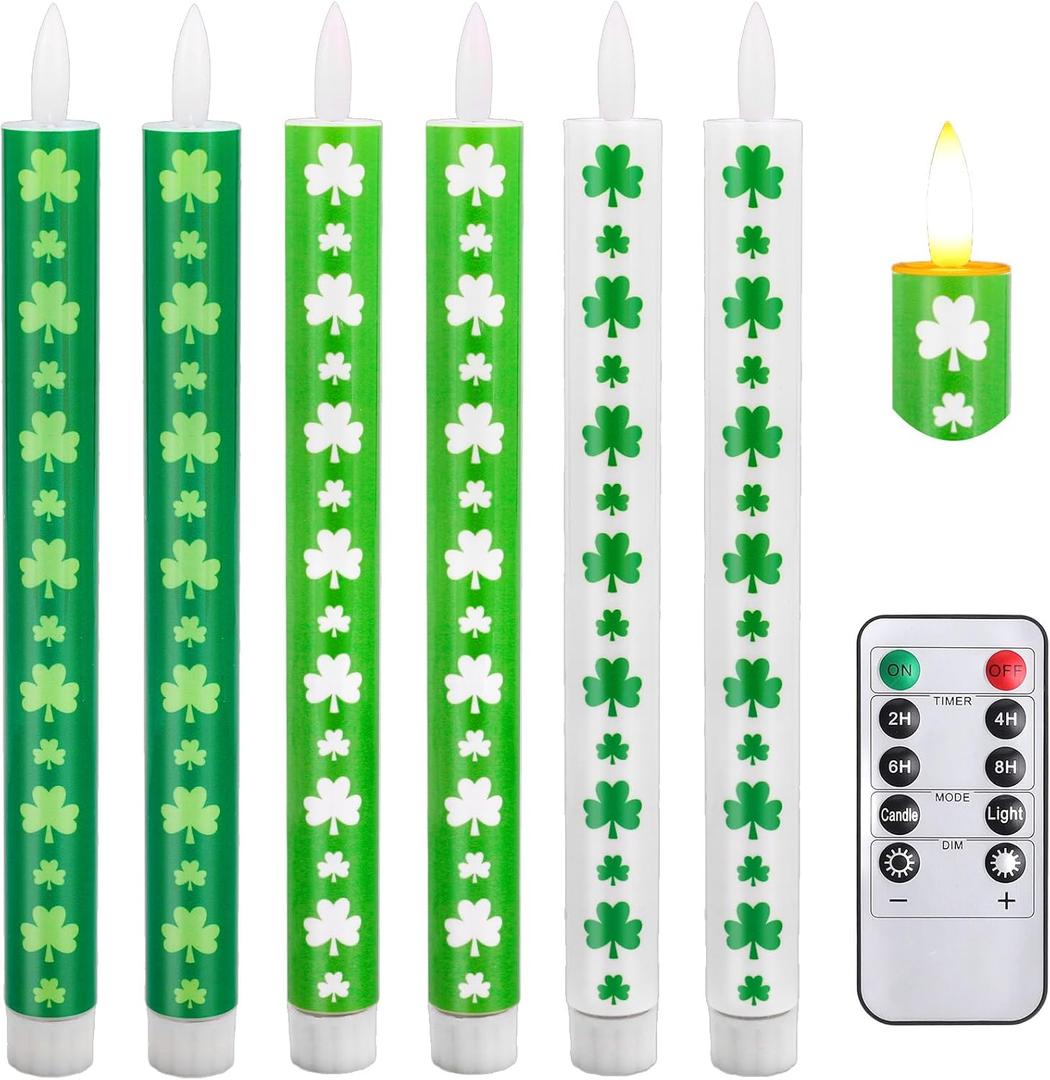 Whaline 6Pcs St. Patrick' s Day Flameless Tape Candles Green Shamrock Clover Battery Operated LED Candlesticks with Remote for Irish Holiday Birthday Table Decor