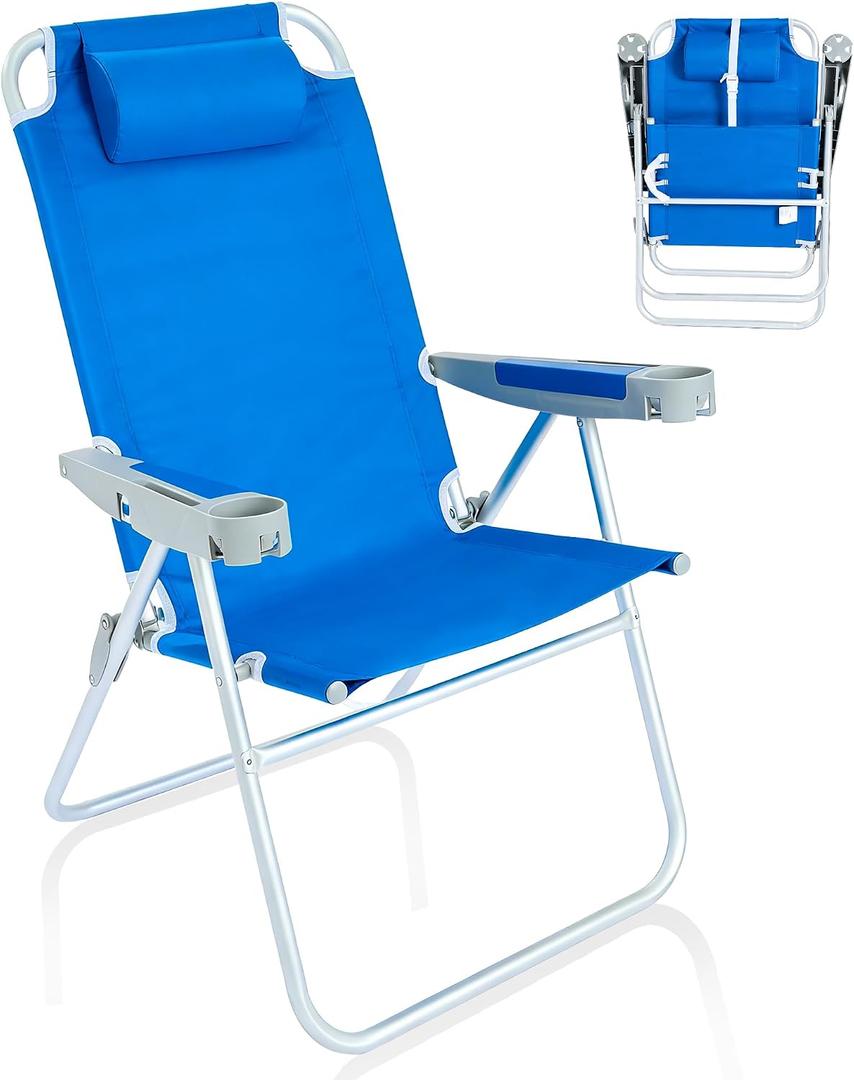 SUNNYFEEL Oversized Tall Folding Beach Chair Lightweight, 17" Portable Sand Chair for Adults Heavy Duty 500 LBS with Cup Holders, Foldable High Camping Lawn Chairs for Camp/Outdoor/Picnic/Sports, 1-pack