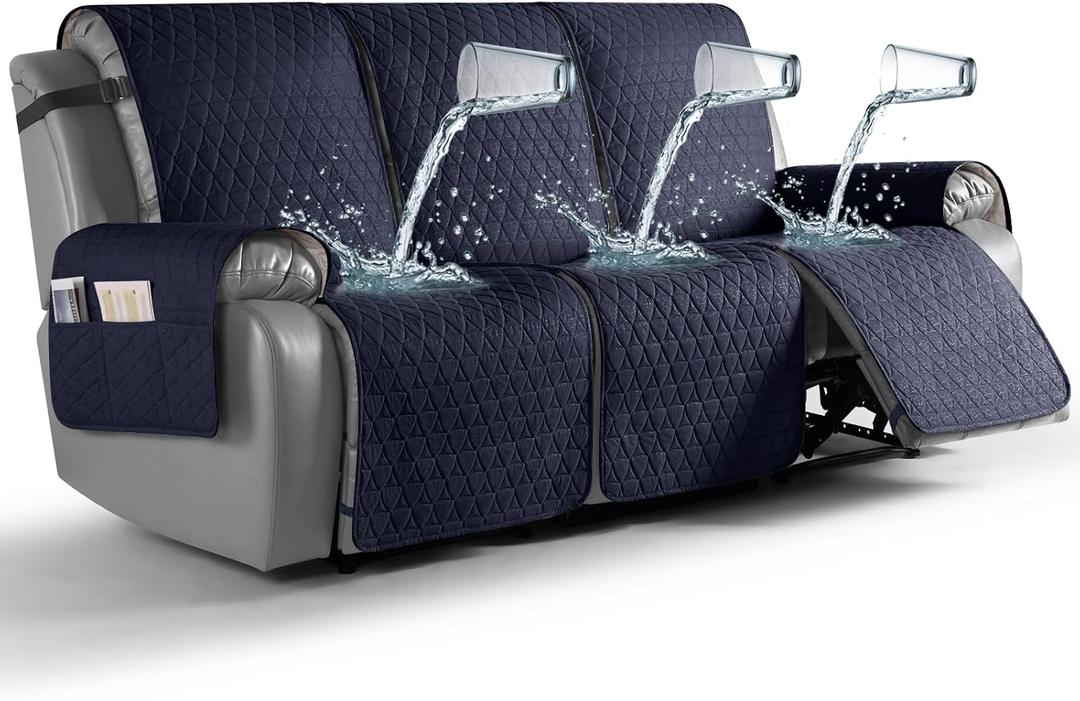 TAOCOCO 100% Waterproof Recliner Cover, Non-Slip Washable Reclining Couch Cover with Elastic Leg Straps, Furniture Protector for Dogs (Dark Blue, 3 Seater)