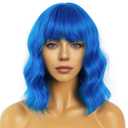 Short Bob Wavy Wig with Bangs for Women Loose Curly Shoulder Length Synthetic Cosplay Wig Bob for Girl Colorful Costume Wigs (Blue)