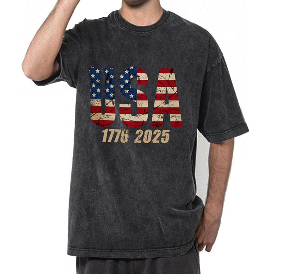4th of July USA Shirts for Men - 2025 Oversized Crewneck American Flag USA 1776-2025 Shirts Large