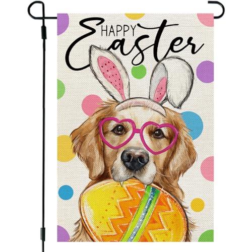 CROWNED BEAUTY Easter Garden Flag Dog Bunny Ears Welcome 12x18 Inch Double Sided Small Seasonal Holiday Golden Retriever Decoration for Outdoor Lawn Yard