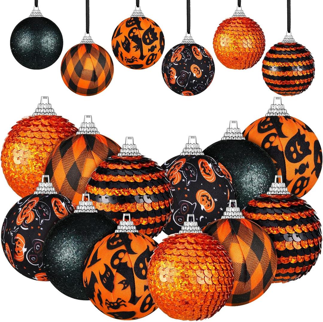 24 Pieces Halloween Day Ball Ornament,Glitter Black Ghost Tree Ornament Sequin Halloween Ball for Tree Home Party Hanging Decor