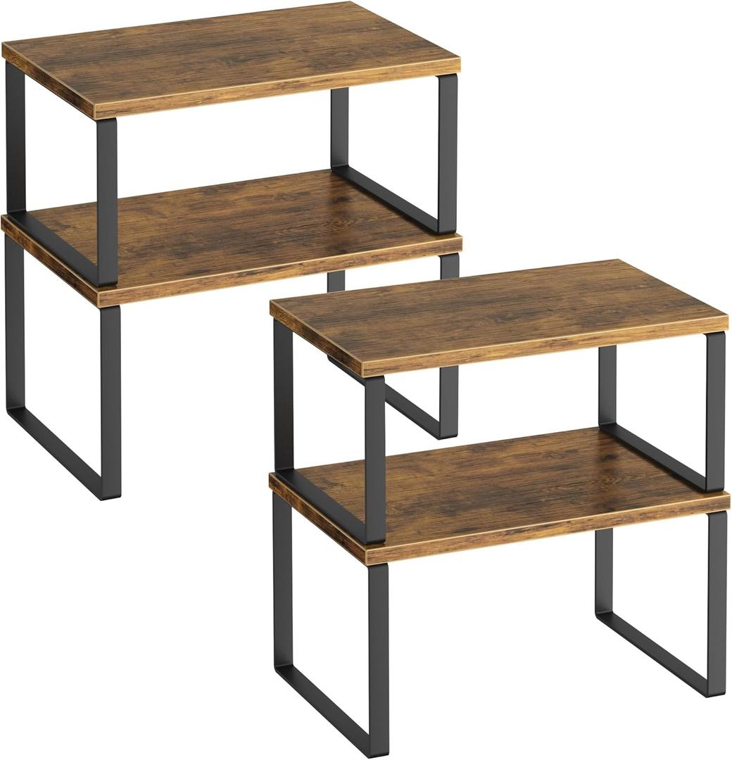 Kitchen Cabinet Organizer Shelf Set of 4, Sturdy Kitchen Counter Shelves with Metal Legs, Stackable Expandable Wood Spice Rack Pantry Cupboard Dish Mug Cup Storage Organizer Shelf, Rustic Brown