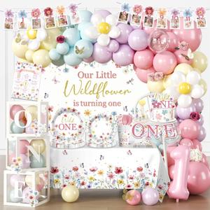 269pcs Wildflower 1st Birthday Decorations Girl, One-stop Set for 25 People, Includes 350gsm Plates Backdrop and Tablecloths, Suitable for Wild and Onederful 1st Birthday Girl