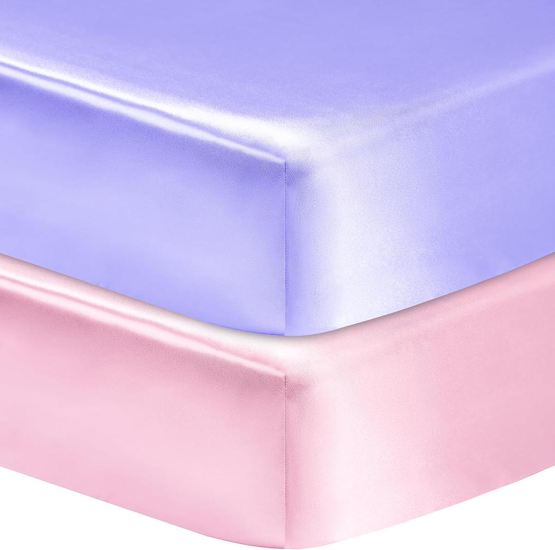 2 Pack Satin Soft Crib Sheet for Baby with Sensitive Hair Silky Baby Mattress Sheet Pink and Violet Unisex 52x28x8 Fitted Sheets