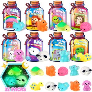 Valentines Day Gifts for Kids School, 32 Pack Cute Kawaii Mochi Squishy Toys Glow in The Dark with Animal Valentines Day Card, Fidget Squishy Toys for Classroom Class Exchange Party Favors