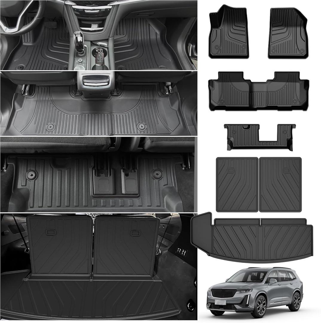 Full Set Floor Mats for Cadillac XT6 2020-2025 2026 7-Seater All Weather TPE Includes 1st 2nd 3rd Row Mats and Cargo Liner and Seat Back Protectors Black