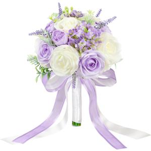 Bride Bouquets for Wedding 8.5 Inch Lilac Artificial Rose Flower Bridal Bouquets for Bride Wedding Bridesmaid Marriage Proposal Party Anniversary Church Decoration