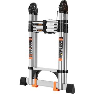 Telescoping Ladder 12.5 FT A Frame, Extension Multi-Purpose with Balance Bar Heavy Duty 330 lbs Max Capacity for Home and Outdoor Work, Silver