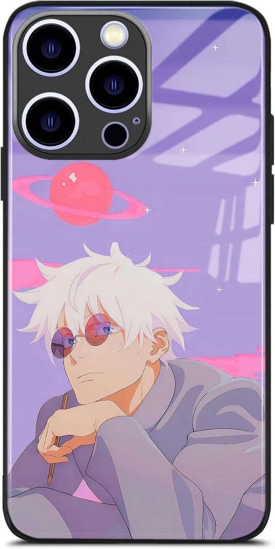 Anime Manga Phone Case for iPhone 17 Pro, Ultra-Slim 9H Tempered Glass Back, High-Definition Glossy Soft TPU Cover (Cute Satoru JJK)