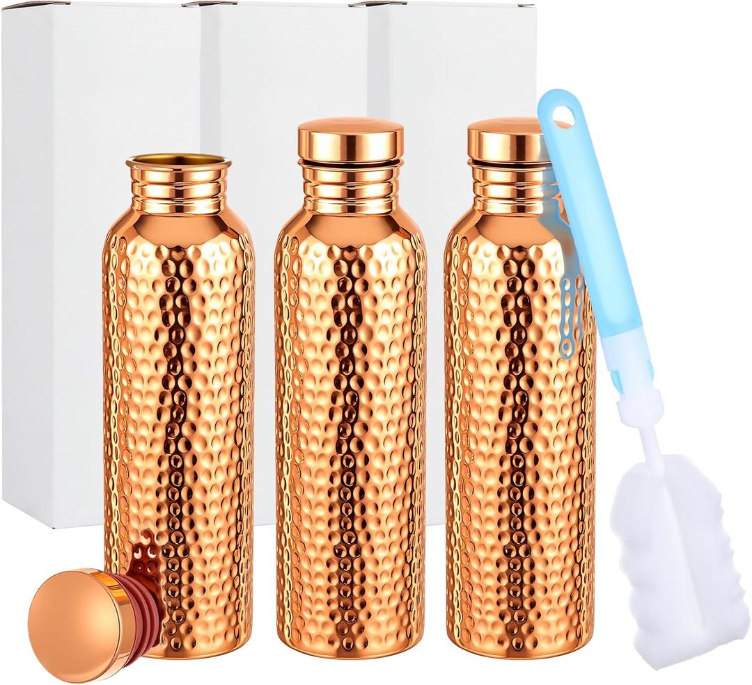 LemonRoad Copper Water Bottle 27oz (800ml) - Hand Hammered Copper Bottles with Cleaning Brush, Leakproof Metal Water Bottle for Gym, Yoga & Gift(3 Pack)