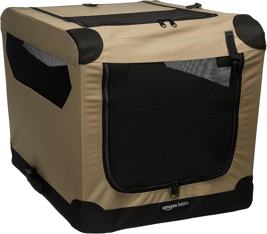 Amazon Basics Portable Folding Soft Dog Crate, 2-Door, Collapsible Travel Kennel, Top & Front Loading, Small 26" x 18" x 18", Tan