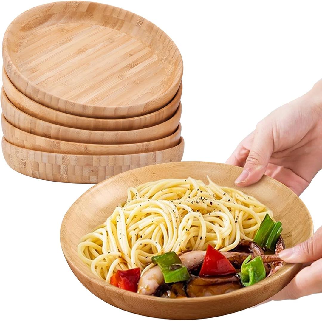 Bamboo Plates 7.5Inch Round Bamboo Plates Reusable Kids Dinner Plates Tableware Set of 5 Wooden Plates Lightweight Dishes Snack, Dessert, Unbreakable Classic Plates, P2300101CL