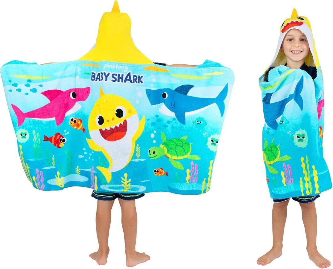 Franco Baby Shark Bath/Pool/Beach Soft Cotton Terry Hooded Towel Wrap, 24 in x 50 in, Kids