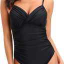 Women's One Piece Swimsuit Tummy Control V Neck Bathing Suits Ruched Swimwear, XXL