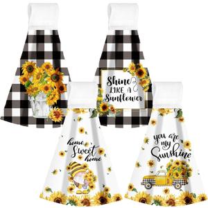 Sratte 4 Pcs Sunflower Hanging Kitchen Towels Hand Towels with Hanging Loop Summer Buffalo Plaid Gnomes Sunshine Dish Towels Bath Absorbent Oven Stove Wash Cloth for Home Decorative Housewarming Gift (Yellow)