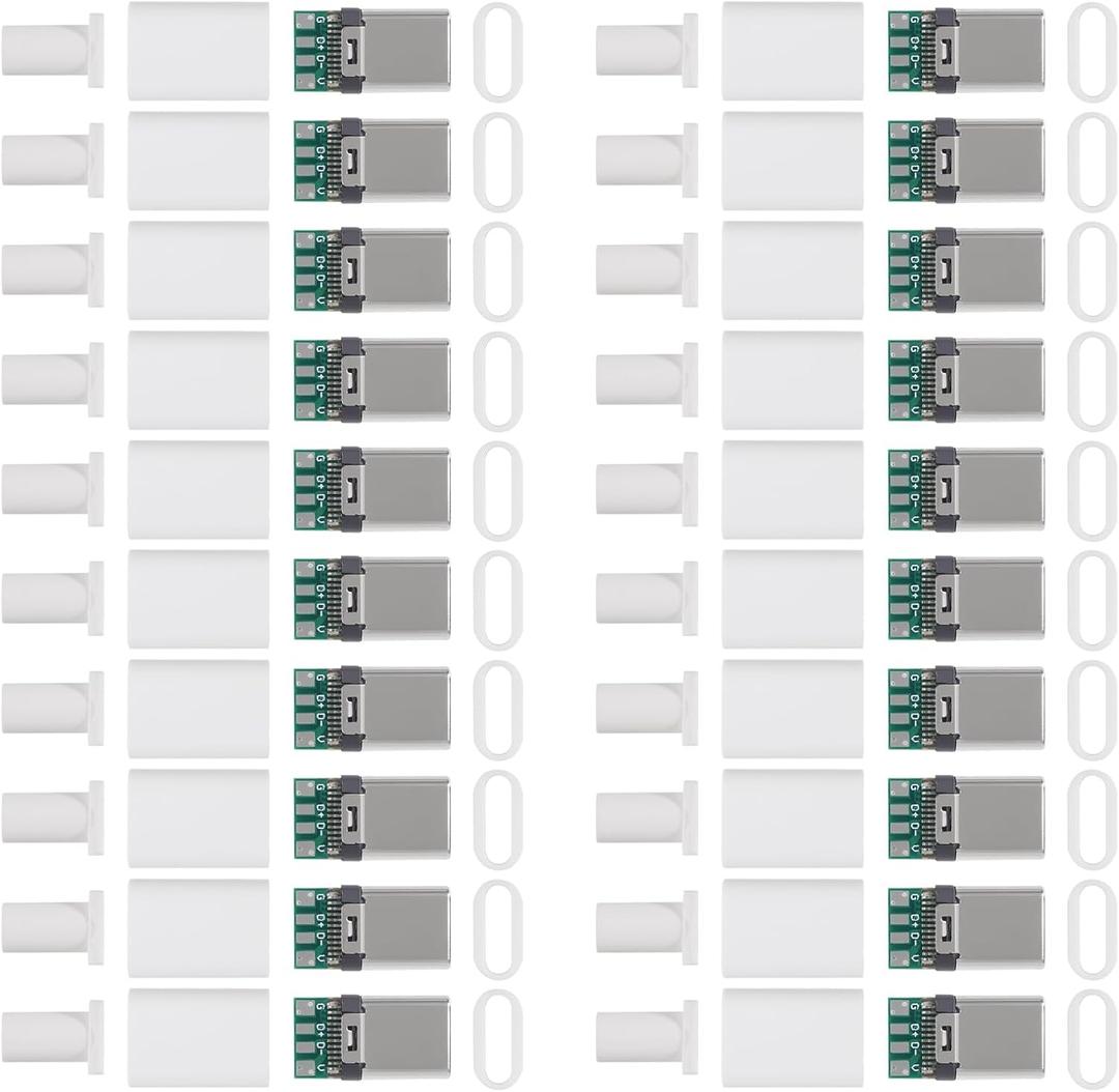 20 Pack USB C Connector - USB 3.1 Male Plug Port Type C Connector for Cable Repair - Solder Adapter with PCB Board - White Housing