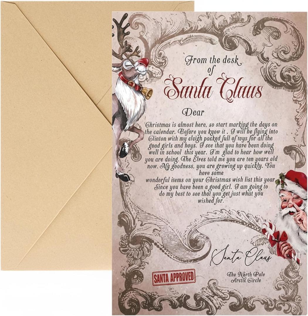 2 x 20 Set Christmas Official Letter Set Letter from Santa Claus Includes Envelope and Stickers Personalized for Kids from Santa Xmas Party Favors Gifts Kits Xmas Greetings Cards(Brown,Vintage)