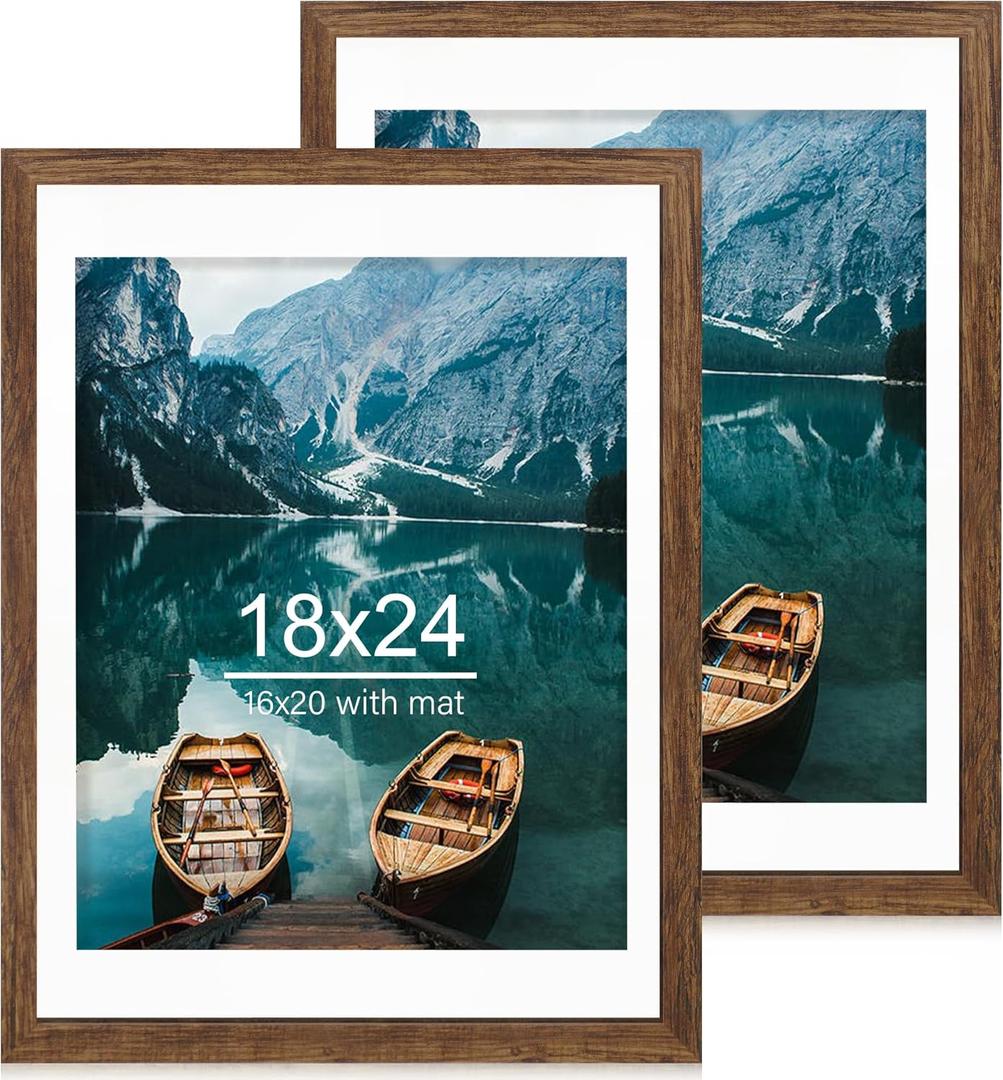 18x24 Frame Set of 2, Rustic Brown Wood Style - Display 18 x 24 Poster without Mat or 16x20 Picture with Mat, Wall Mounting Horizontal and Vertical
