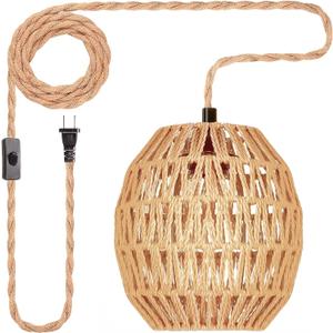 Hanging Lamps Rattan Pendant Light Hanging Lights 16.4ft Plug in Cord Pendant Light Fixture Plug Into Wall Outlet Pendant Lighting with On Off Switch for Bedroom Living (Egg Shade)
