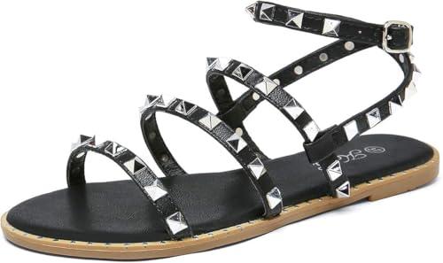katliu Women's Flat Sandals Strappy Studded Sandals Gladiator Sandals with Ankle Strap Black, Size 10
