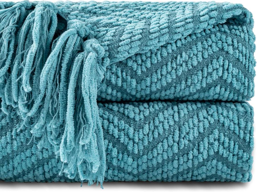 BATTILO HOME Teal Throw Blanket for Couch, Knit Woven Turquoise Blankets Versatile for Chair, Super Soft Warm Decorative Green Blanket with Tassels for Bed Sofa, 50"x60"