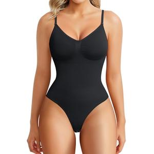 BRABIC Bodysuit Shapewear for Women Tummy Control Panties Seamless Sleeveless Tops V-Neck Camisole Jumpsuit(Black Thong, X-Small/Small)