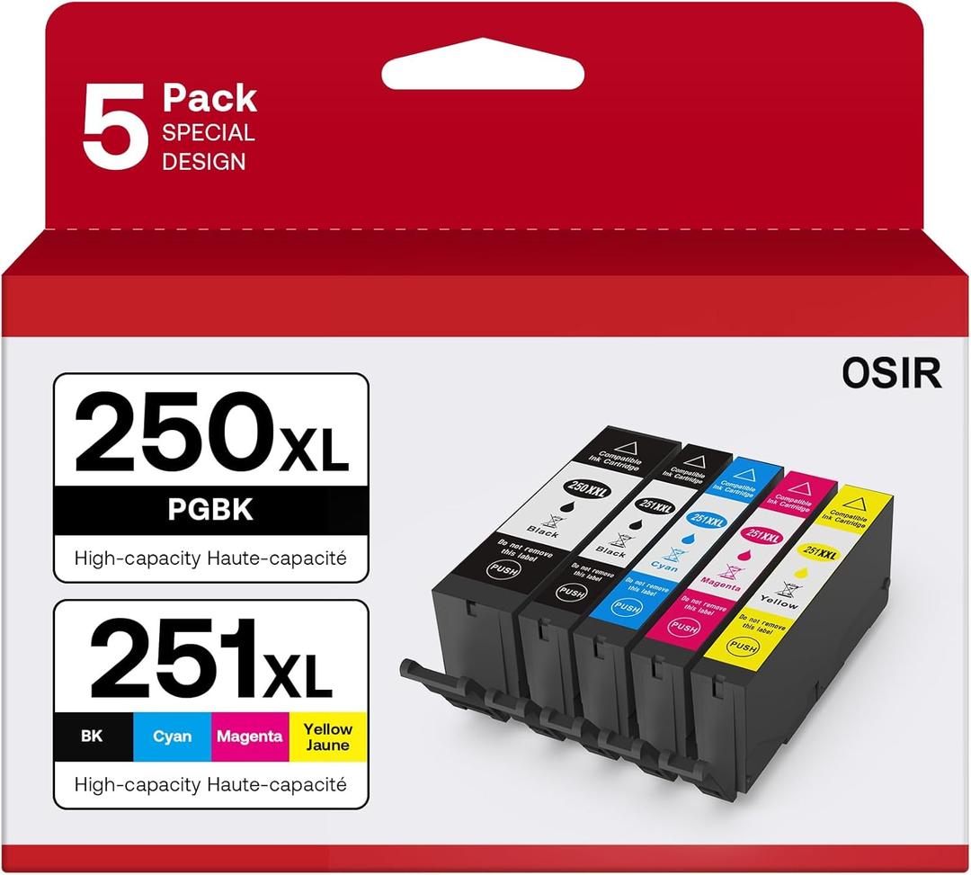 PGI-250XL CLI-251XL 5 Color Value Pack, Compatible for Canon 250 251 Ink Cartridges to use with PIXMA MX922, MG5420, MG5520, MG5522, MG6320, MG6620, iP7220 (PGBK, Black, Cyan, Magenta, Yellow)